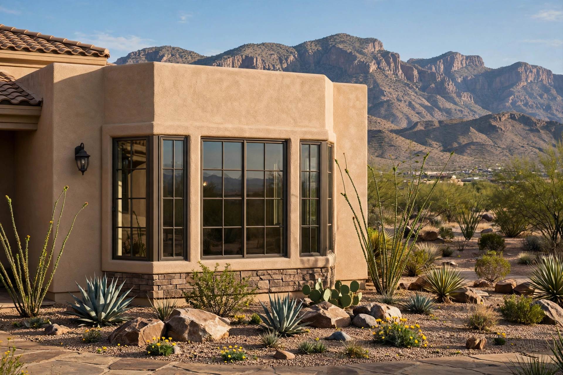 Three-section bay window with angled side windows in a stucco El Paso home