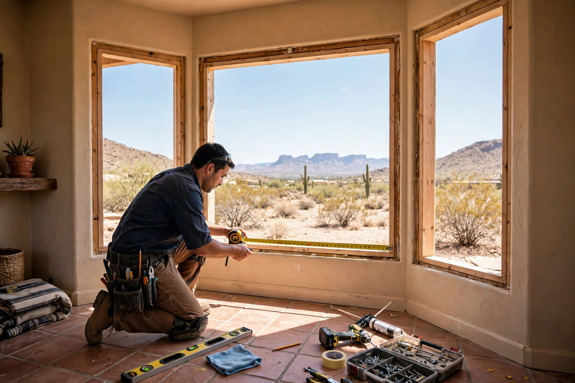Installer measuring a wide bay window opening in an El Paso home