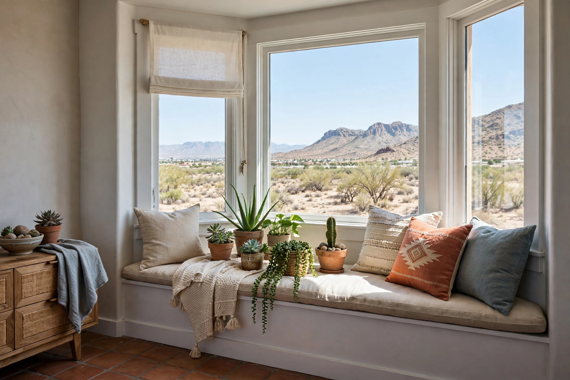 Sunlit bay window seat with Low-E glass keeping an El Paso living room bright and cool