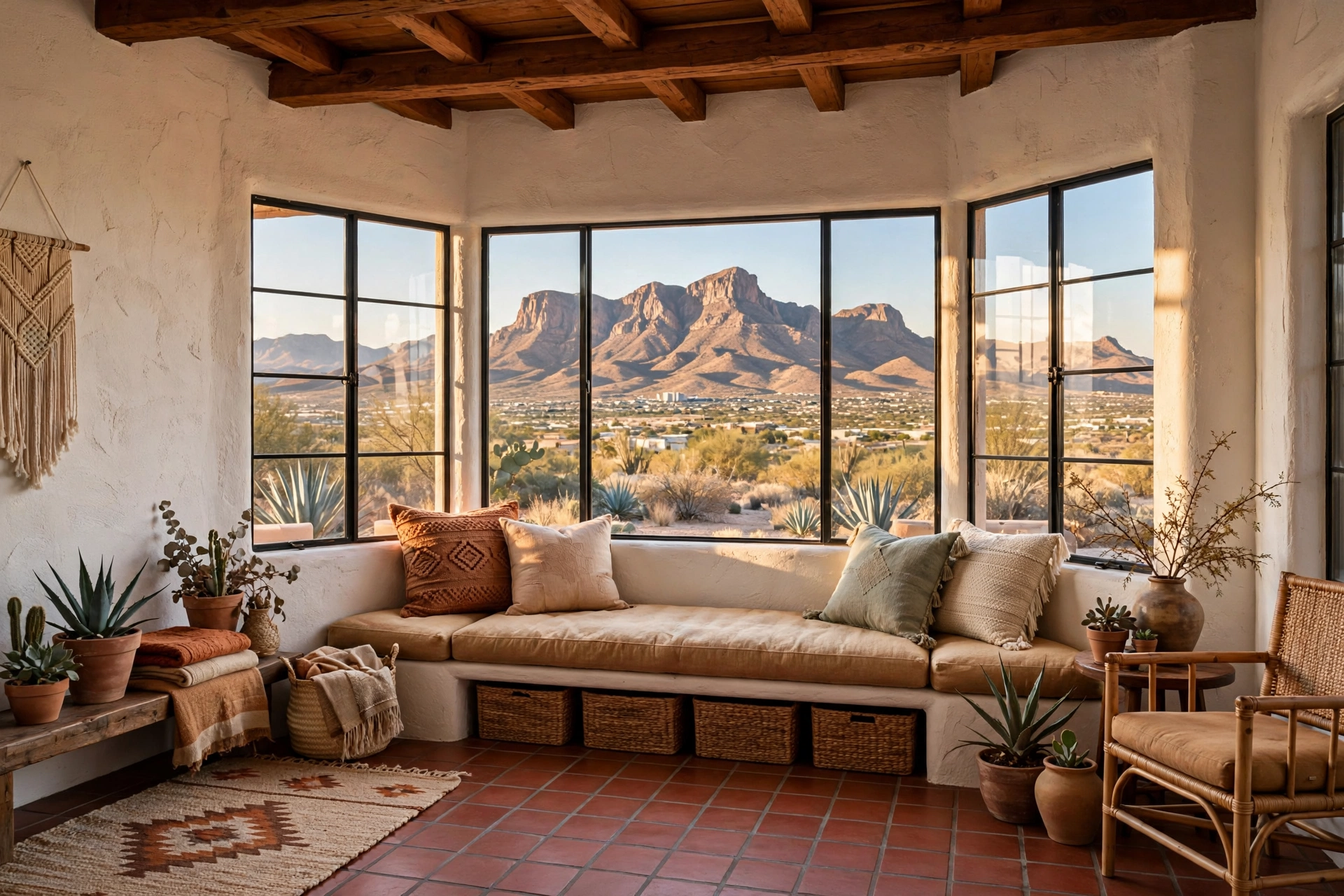 Bright El Paso living room with a bay window seat looking out over the Franklin Mountains