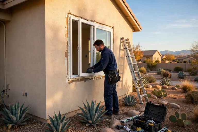 Window installer fitting a new energy-efficient window on an El Paso home in fall