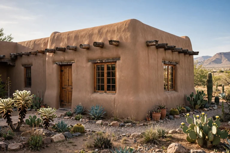 Adobe-style El Paso home with traditional wood windows