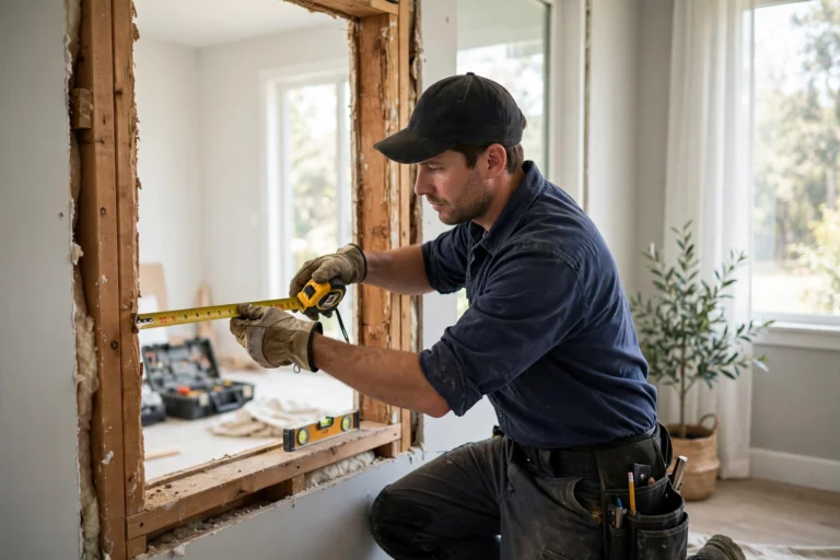 Window installer measuring a window opening for a cost estimate in El Paso