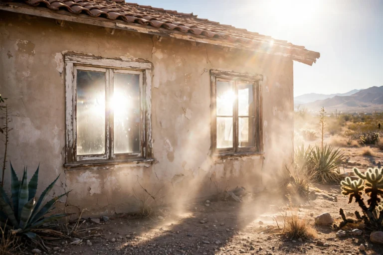 Intense summer sun beating down on old windows of an El Paso home