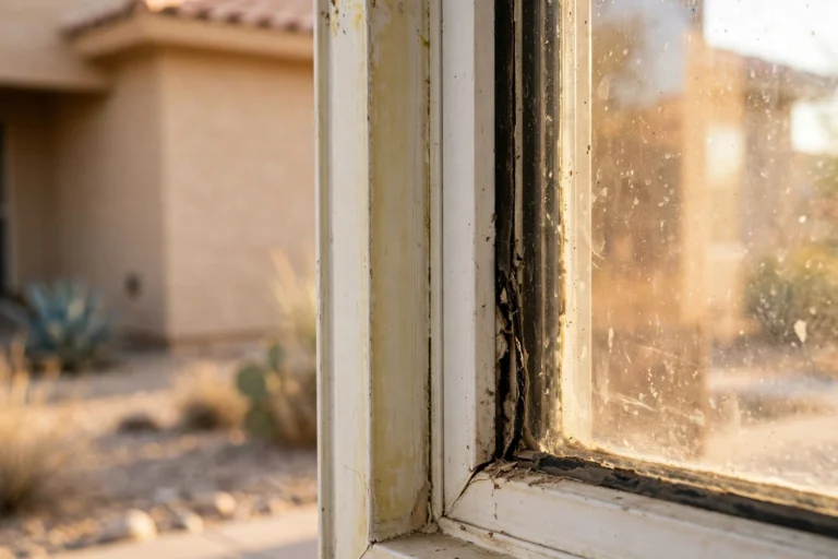 Aged window frame with worn weatherstripping on an El Paso home in desert sunlight