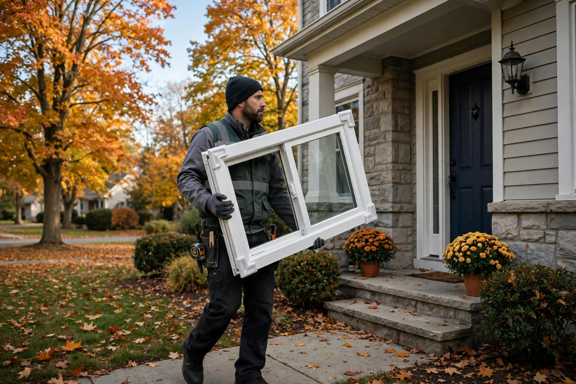 Installer carrying a new window into a home on a mild autumn day