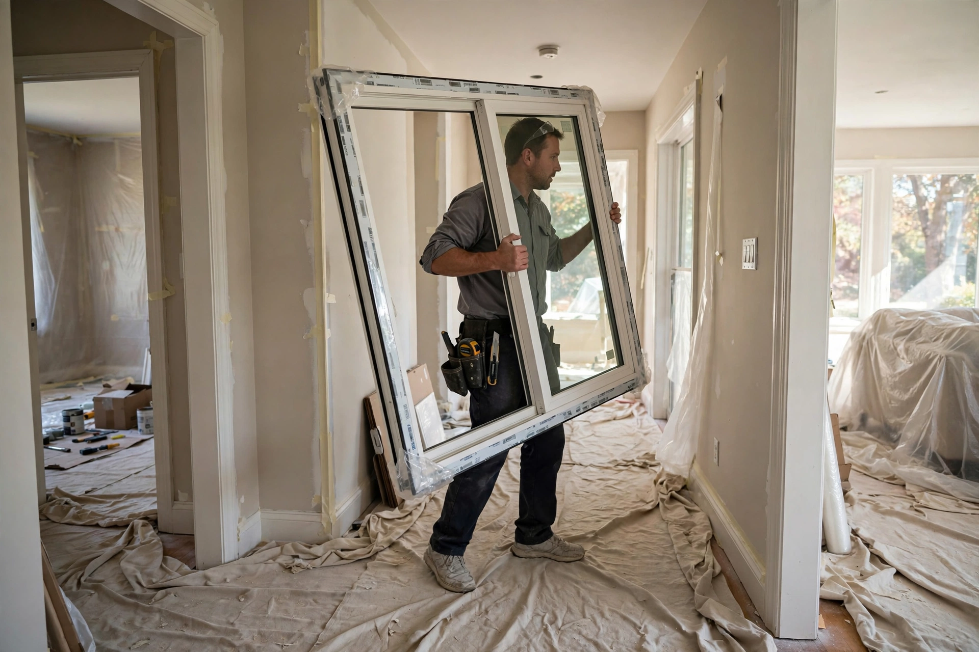 Installer carrying a new window through a home with dust sheets down on installation day
