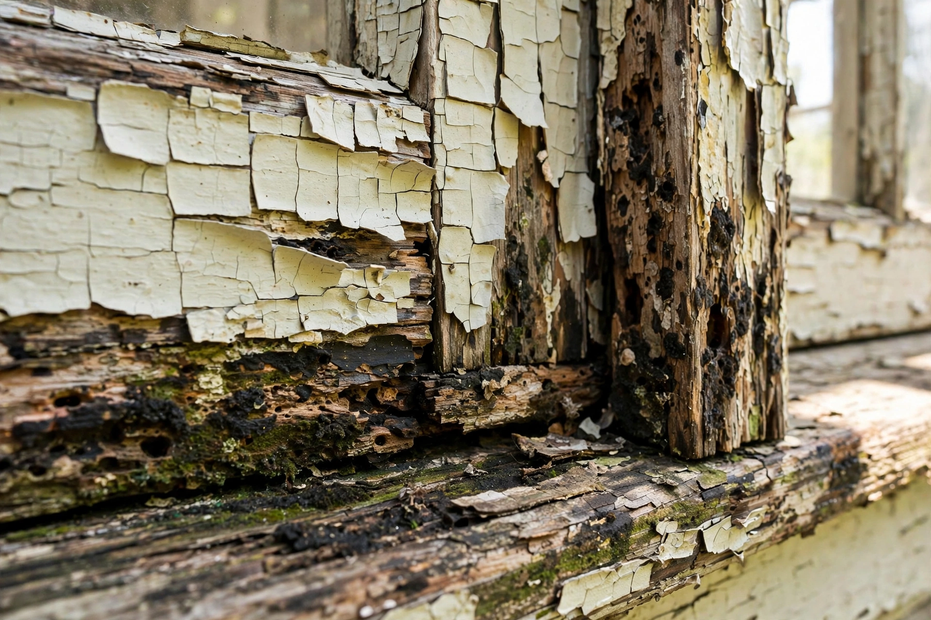 Old wooden window frame with cracked peeling paint