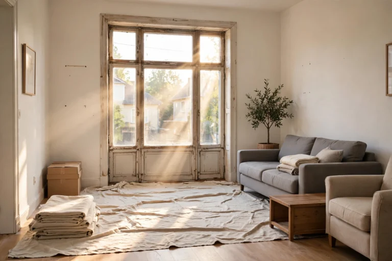 Living room prepared for window installation day with furniture moved back and dust sheets down