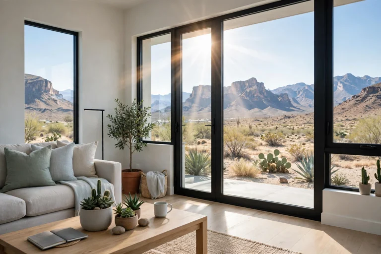 Bright El Paso living room with new energy-efficient windows and desert mountain view