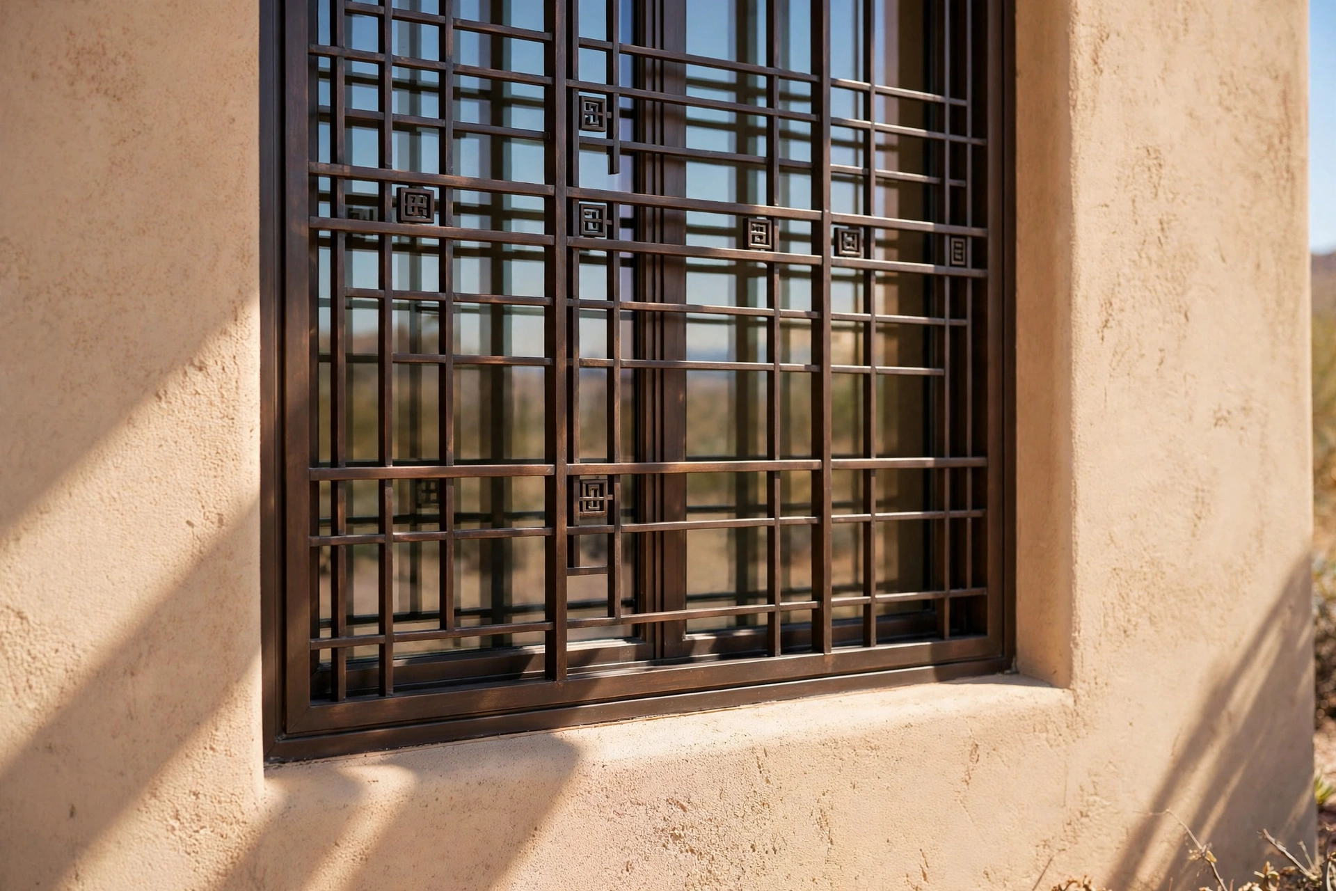 Close-up of a bronze-framed window with a grille pattern set into a warm stucco wall in bright desert sunlight