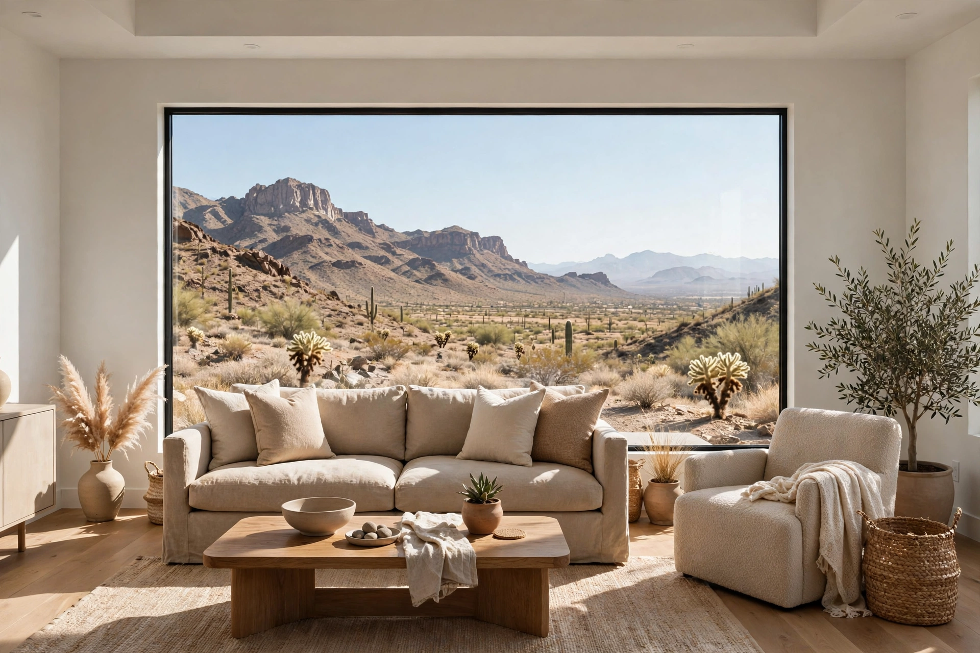 Bright living room interior looking out through a large picture window at the Franklin Mountains