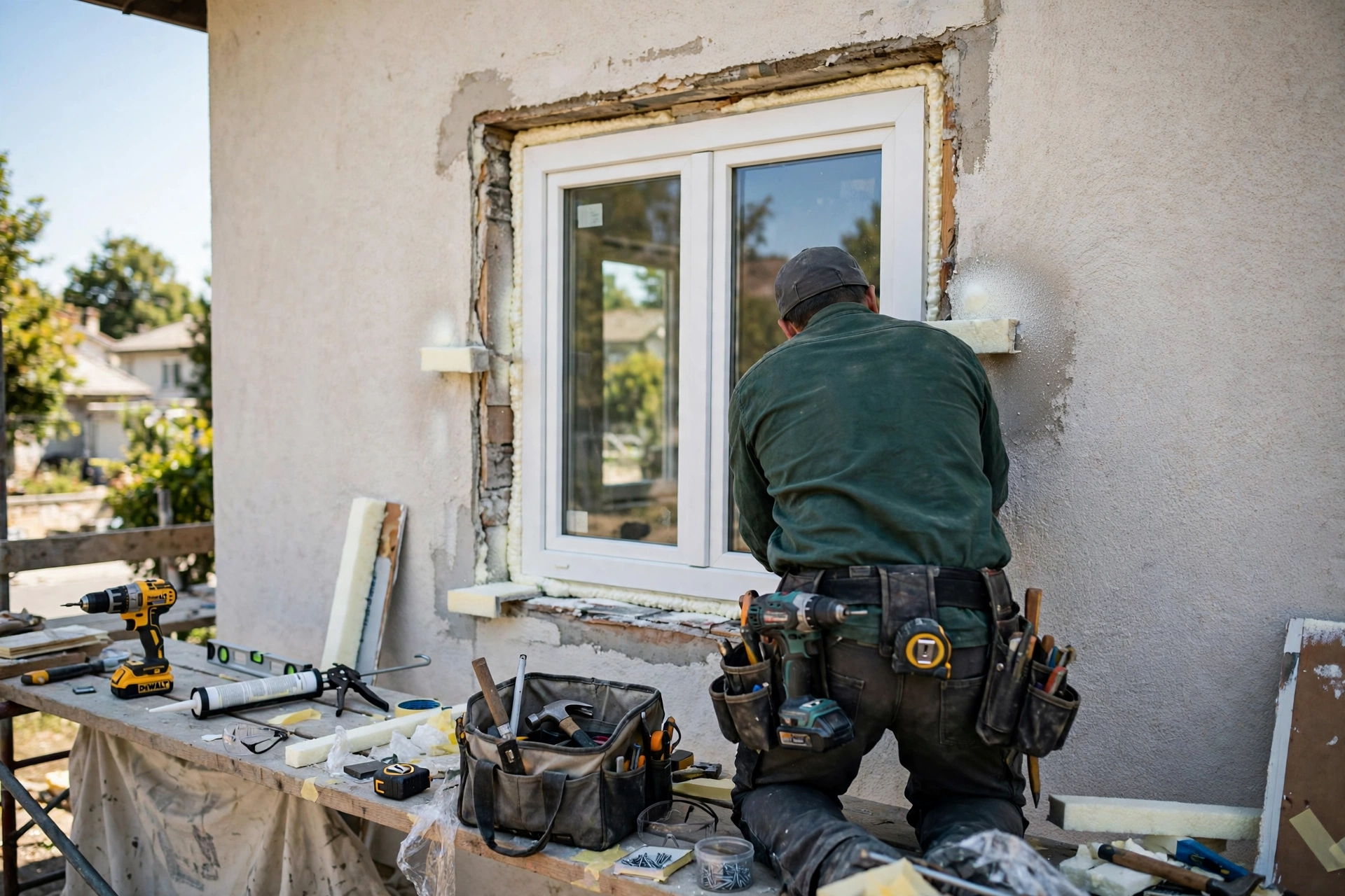 Professional installer fitting a new white-framed window into a home during a renovation