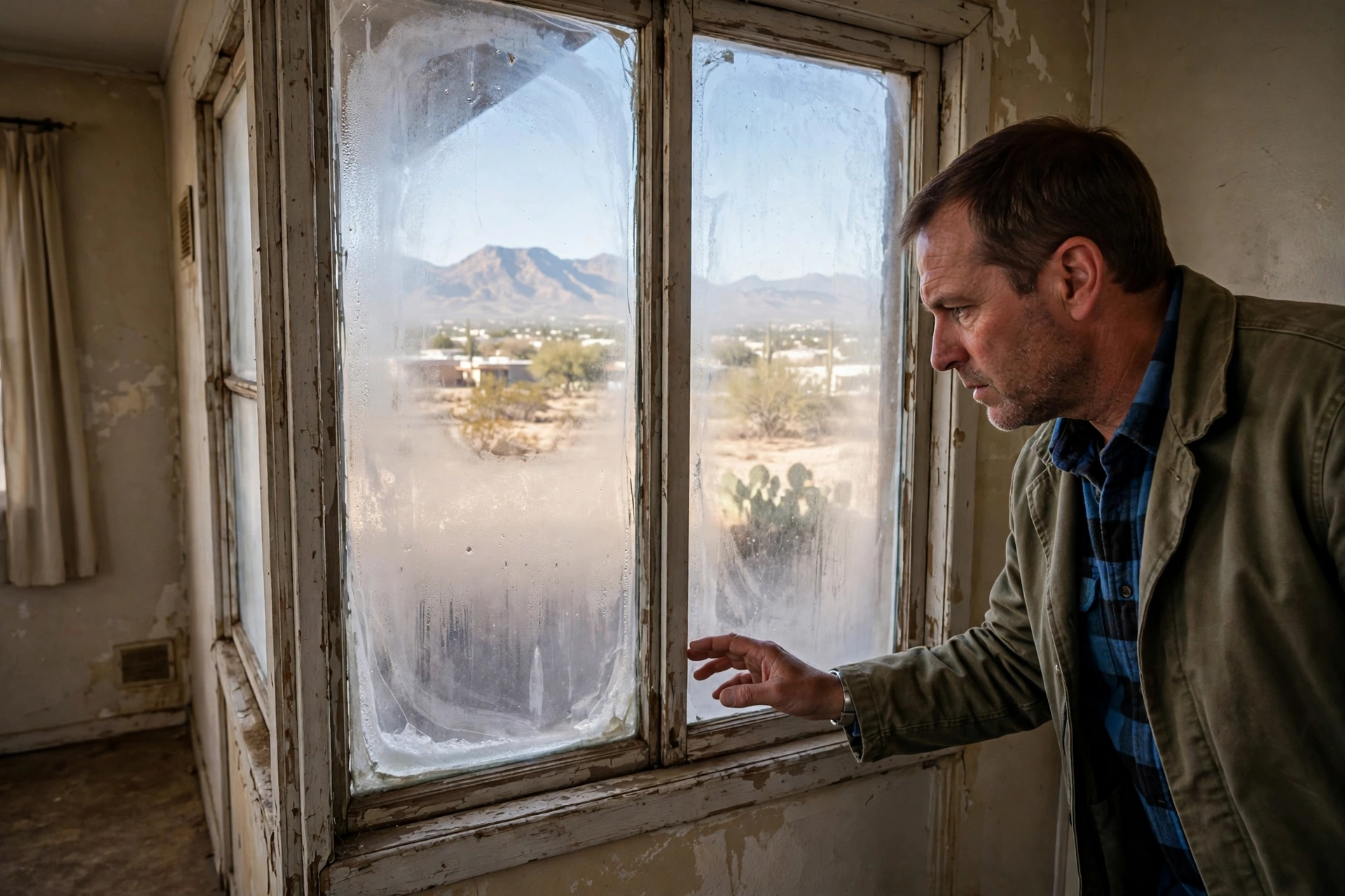 Landlord inspecting an old drafty window in a rental home in El Paso