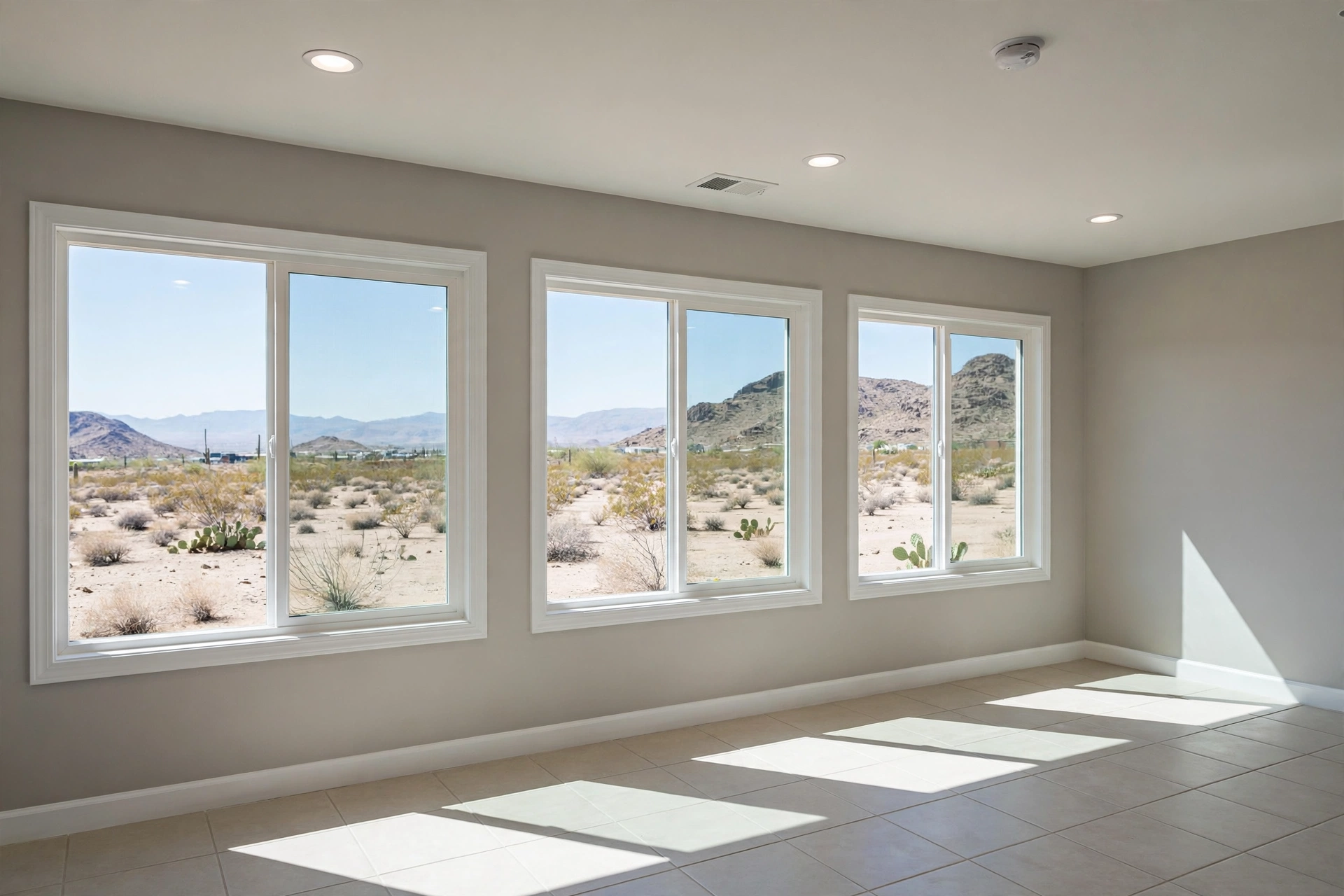 New white vinyl double-pane windows with Low-E glass installed in an El Paso rental home