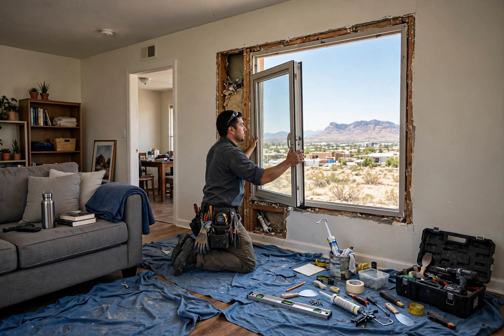 Professional installer fitting a new window in an occupied rental property while the room stays tidy